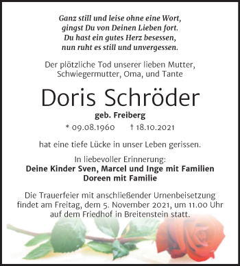 Traueranzeige von Doris Schröder von Trauerkombi Sangerhausen
