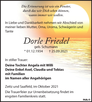 Traueranzeige von Dorle Friedel von Trauerkombi Zeitz