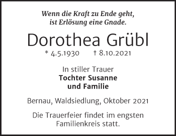 Traueranzeige von Dorothea Grübl von Mitteldeutsche Zeitung Halle/Saalkreis