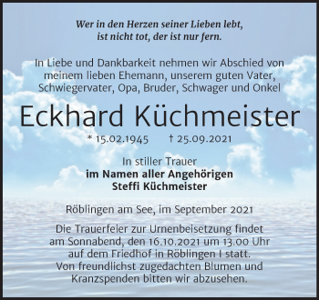 Traueranzeige von Eckhard Küchmeister von Trauerkombi Mansfelder Land
