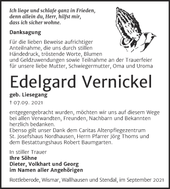 Traueranzeige von Edelgard Vernickel von Trauerkombi Sangerhausen