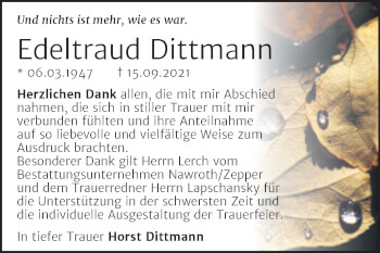 Traueranzeige von Edeltraud Dittmann von Trauerkombi Bitterfeld