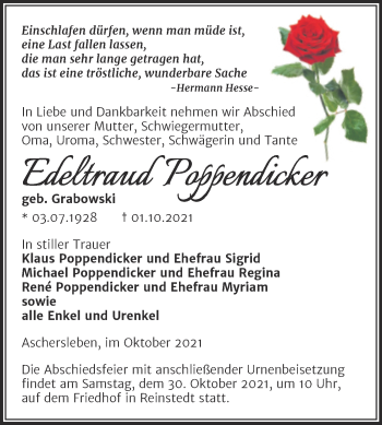 Traueranzeige von Edeltraud Poppendicker von Trauerkombi Aschersleben