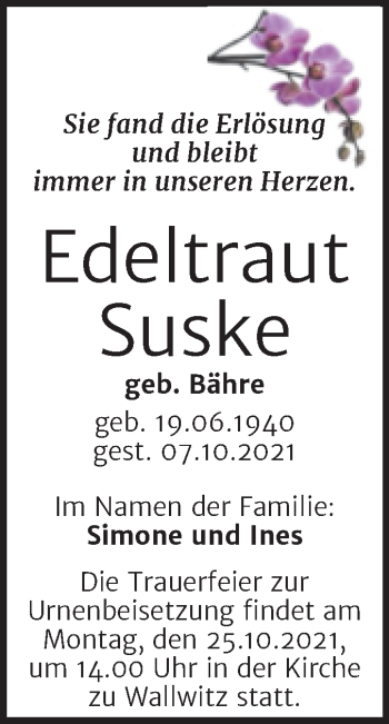 Traueranzeige von Edeltraut Suske von Mitteldeutsche Zeitung Halle/Saalkreis