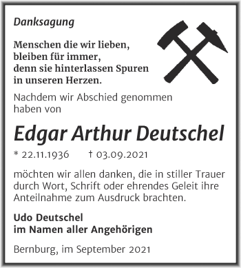 Traueranzeige von Edgar Arthur Deutschel von Trauerkombi Bernburg