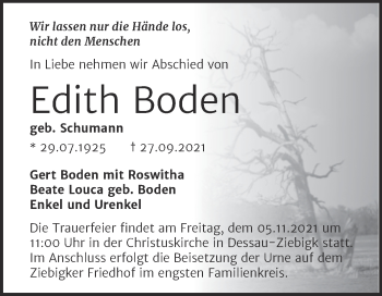 Traueranzeige von Edith Boden von Trauerkombi Dessau