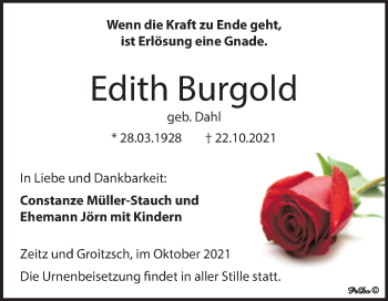 Traueranzeige von Edith Burgold von Trauerkombi Zeitz
