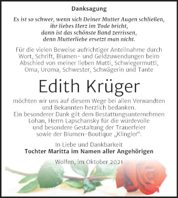 Traueranzeige von Edith Krüger von Trauerkombi Bitterfeld