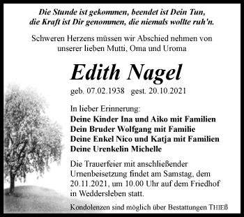 Traueranzeige von Edith Nagel von Trauerkombi Quedlinburg