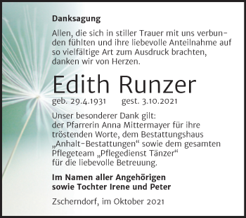 Traueranzeige von Edith Runzer von Trauerkombi Bitterfeld