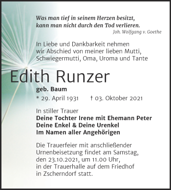 Traueranzeige von Edith Runzer von Trauerkombi Bitterfeld
