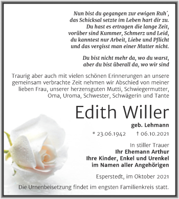 Traueranzeige von Edith Willer von Trauerkombi Merseburg