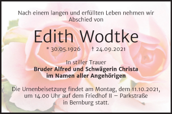Traueranzeige von Edith Wodtke von Trauerkombi Bernburg