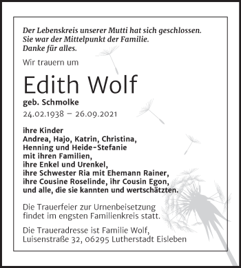 Traueranzeige von Edith Wolf von Trauerkombi Mansfelder Land