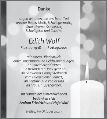 Traueranzeige von Edith Wolf von Trauerkombi Mansfelder Land