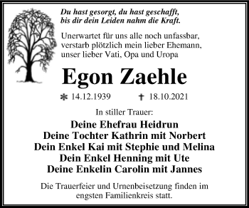 Traueranzeige von Egon Zaehle von Trauerkombi Dessau