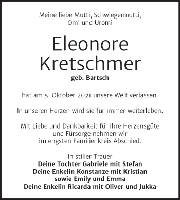 Traueranzeige von Eleonore Kretschmer von Trauerkombi Weißenfels