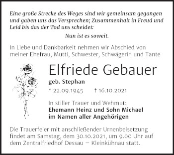 Traueranzeige von Elfriede Gebauer von Trauerkombi Dessau