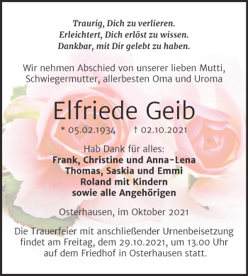 Traueranzeige von Elfriede Geib von Trauerkombi Merseburg
