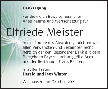 Traueranzeige von Elfriede Meister von Trauerkombi Sangerhausen