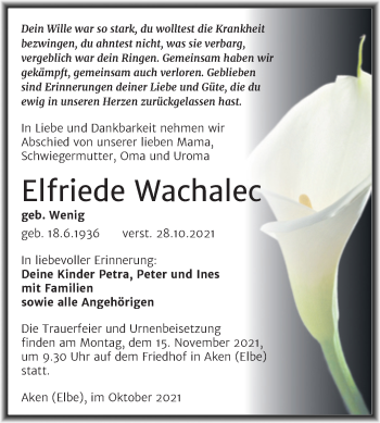 Traueranzeige von Elfriede Wachalec von Trauerkombi Köthen