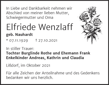 Traueranzeige von Elfriede Wenzlaff von Naumburger Tageblatt
