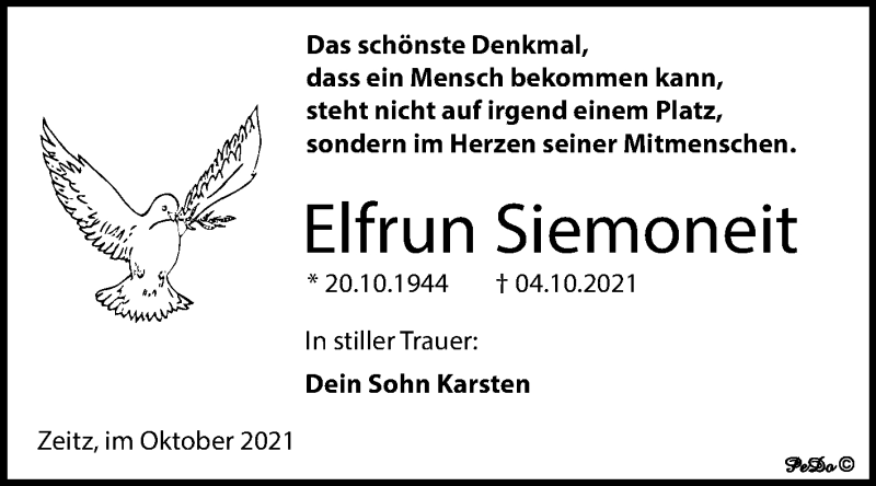  Traueranzeige für Elfrun Siemoneit vom 16.10.2021 aus Trauerkombi Zeitz
