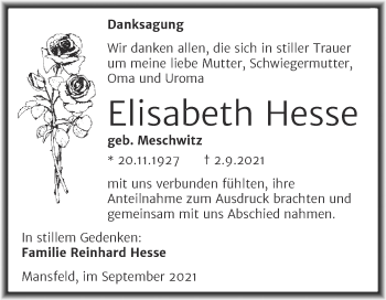 Traueranzeige von Elisabeth Hesse von Mitteldeutsche Zeitung Mansfelder Land