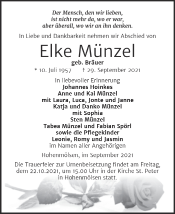Traueranzeige von Elke Münzel von Trauerkombi Weißenfels