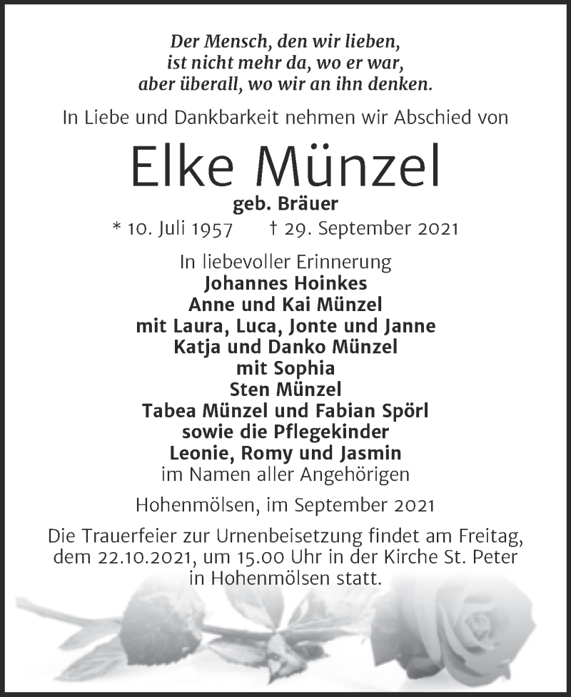  Traueranzeige für Elke Münzel vom 02.10.2021 aus Trauerkombi Weißenfels