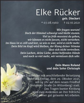 Traueranzeige von Elke Rücker von Trauerkombi Wittenberg