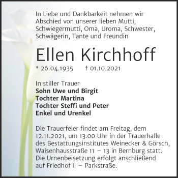 Traueranzeige von Ellen Kirchhoff von Trauerkombi Bernburg