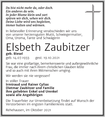 Traueranzeige von Elsbeth Zaubitzer von Naumburger Tageblatt