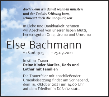 Traueranzeige von Else Bachmann von Trauerkombi Wittenberg
