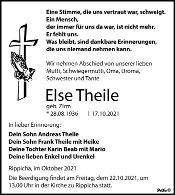 Traueranzeige von Else Theile von Mitteldeutsche Zeitung Zeitz