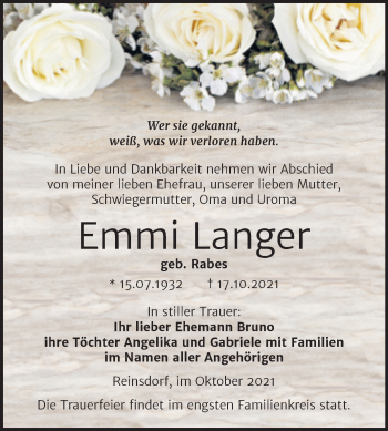 Traueranzeige von Emmi Langer von Wochenspiegel Naumburg/Nebra