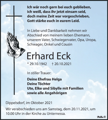 Traueranzeige von Erhard Eck von Trauerkombi Weißenfels