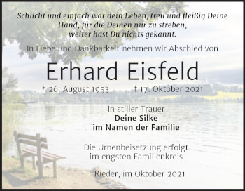 Traueranzeige von Erhard Eisfeld von Trauerkombi Quedlinburg
