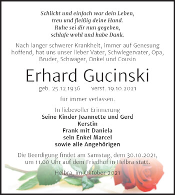 Traueranzeige von Erhard Gucinski von Trauerkombi Mansfelder Land