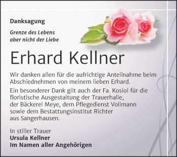 Traueranzeige von Erhard Kellner von Trauerkombi Sangerhausen