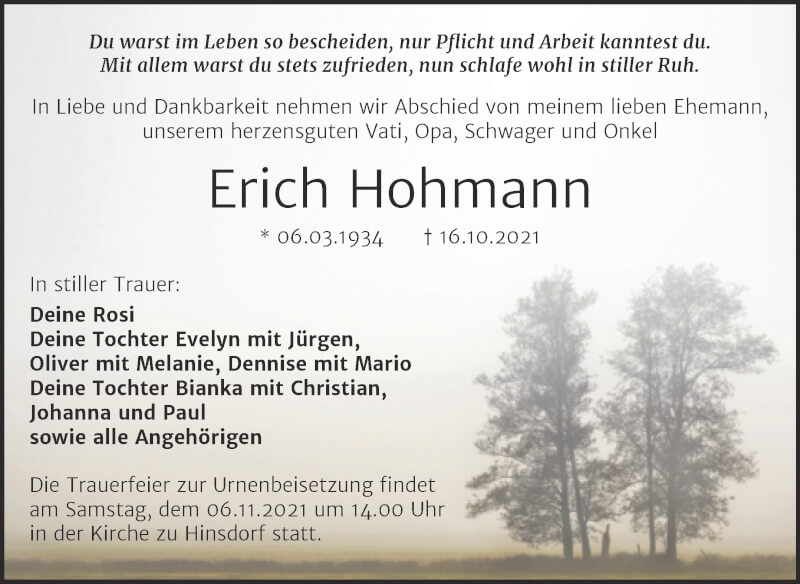  Traueranzeige für Erich Hohmann vom 23.10.2021 aus Trauerkombi Köthen