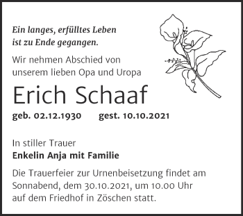 Traueranzeige von Erich Schaaf von Trauerkombi Merseburg