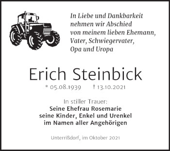 Traueranzeige von Erich Steinbick von Trauerkombi Mansfelder Land