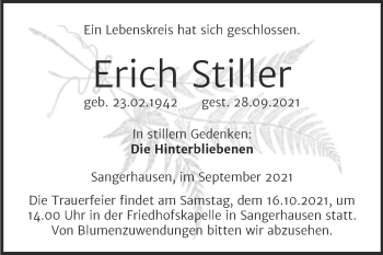 Traueranzeige von Erich Stiller von Trauerkombi Sangerhausen