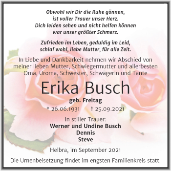 Traueranzeige von Erika Busch von Trauerkombi Mansfelder Land