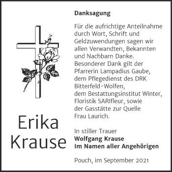 Traueranzeige von Erika Krause von Trauerkombi Bitterfeld