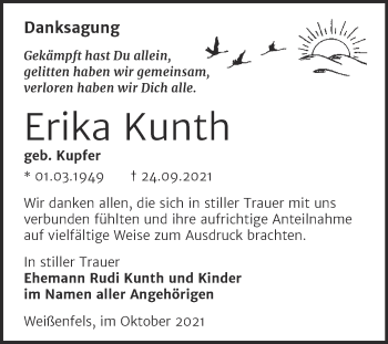 Traueranzeige von Erika Kunth von Trauerkombi Weißenfels