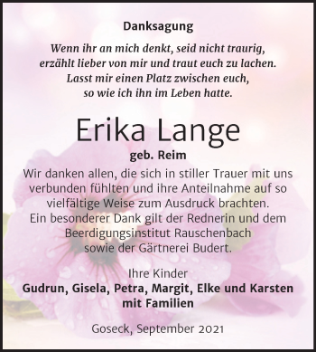 Traueranzeige von Erika Lange von Trauerkombi Weißenfels