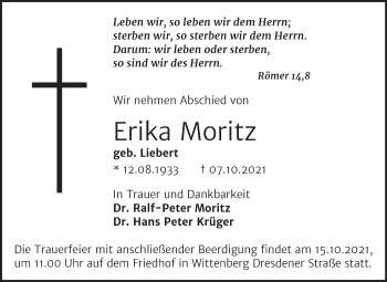 Traueranzeige von Erika Moritz von Trauerkombi Wittenberg