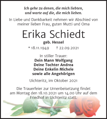 Traueranzeige von Erika Schiedt von Trauerkombi Weißenfels